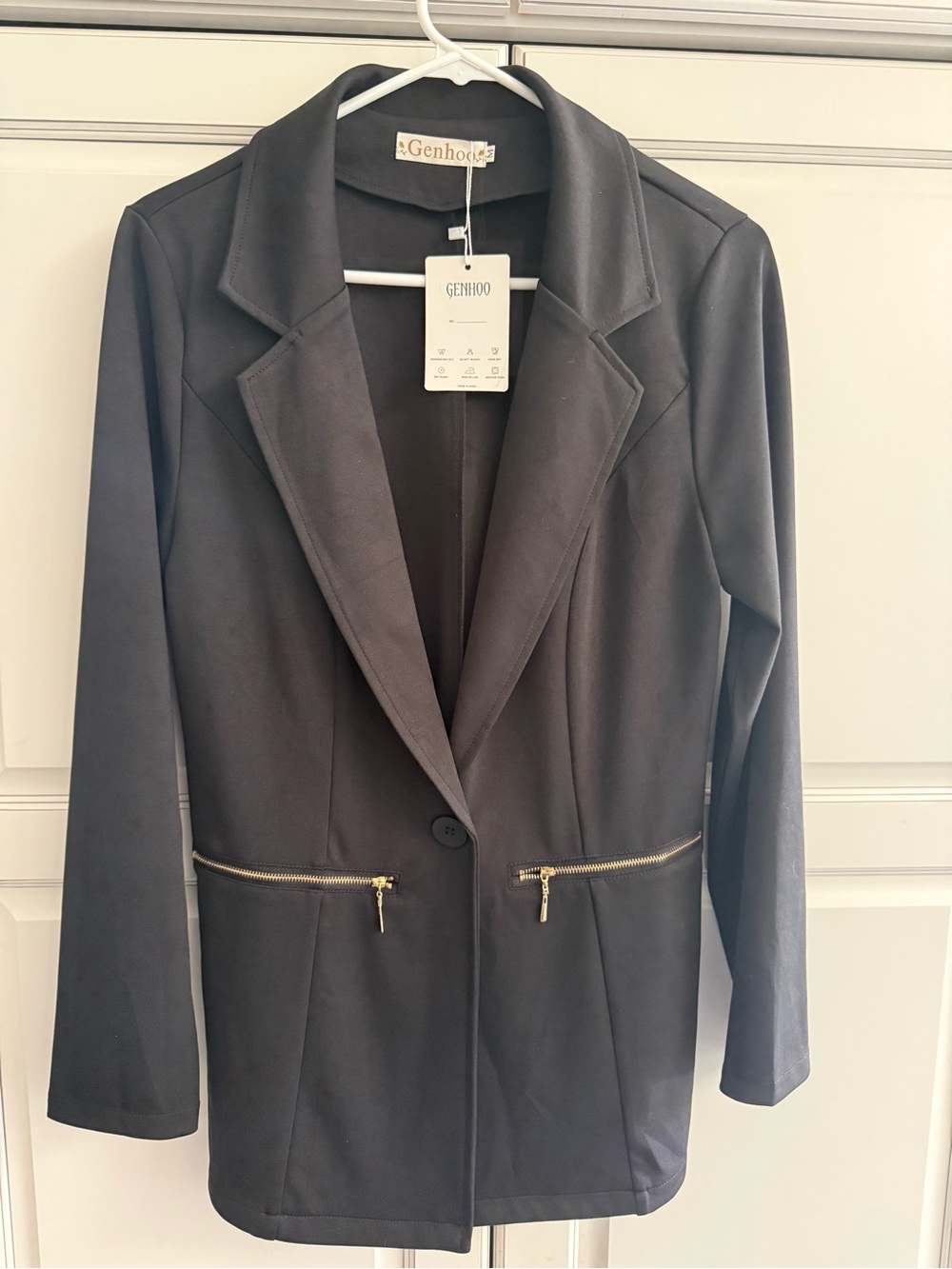 Women's Black Single-Button Riding Blazer with Gold Zipper Accents